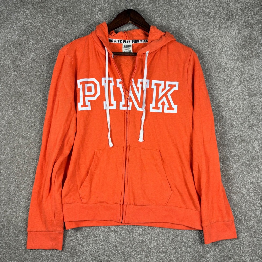 Pink Victoria's Secret Orange Full Zip Logo Hoodie Sweatshirt Large